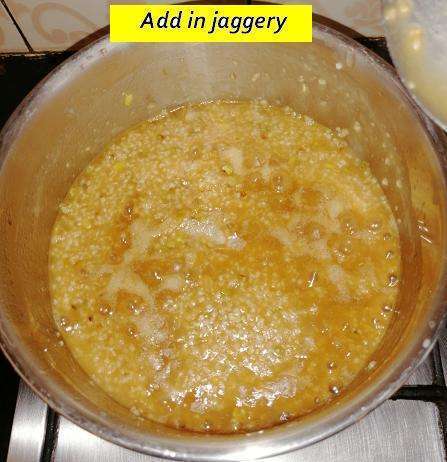 Add in Jeggery powder and pinch salt.