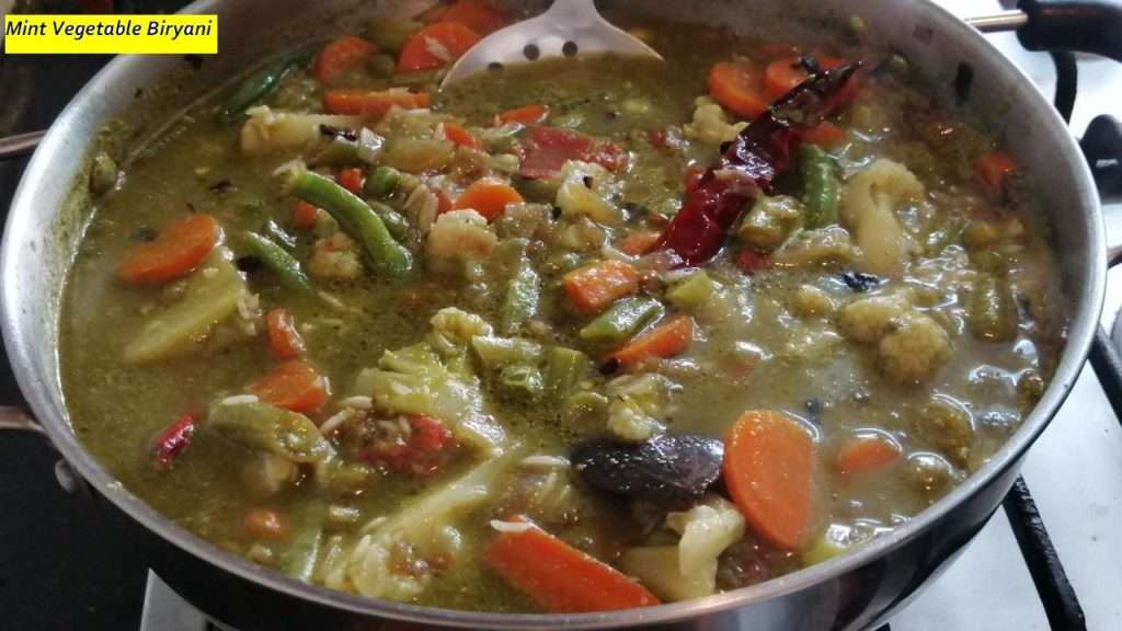 Healthy Mint Vegetable Biryani gravy before adding rice.