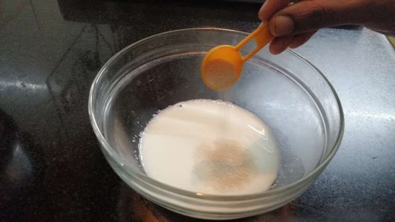 Take a bowl and add in 1/4th cup warm milk and yeast.