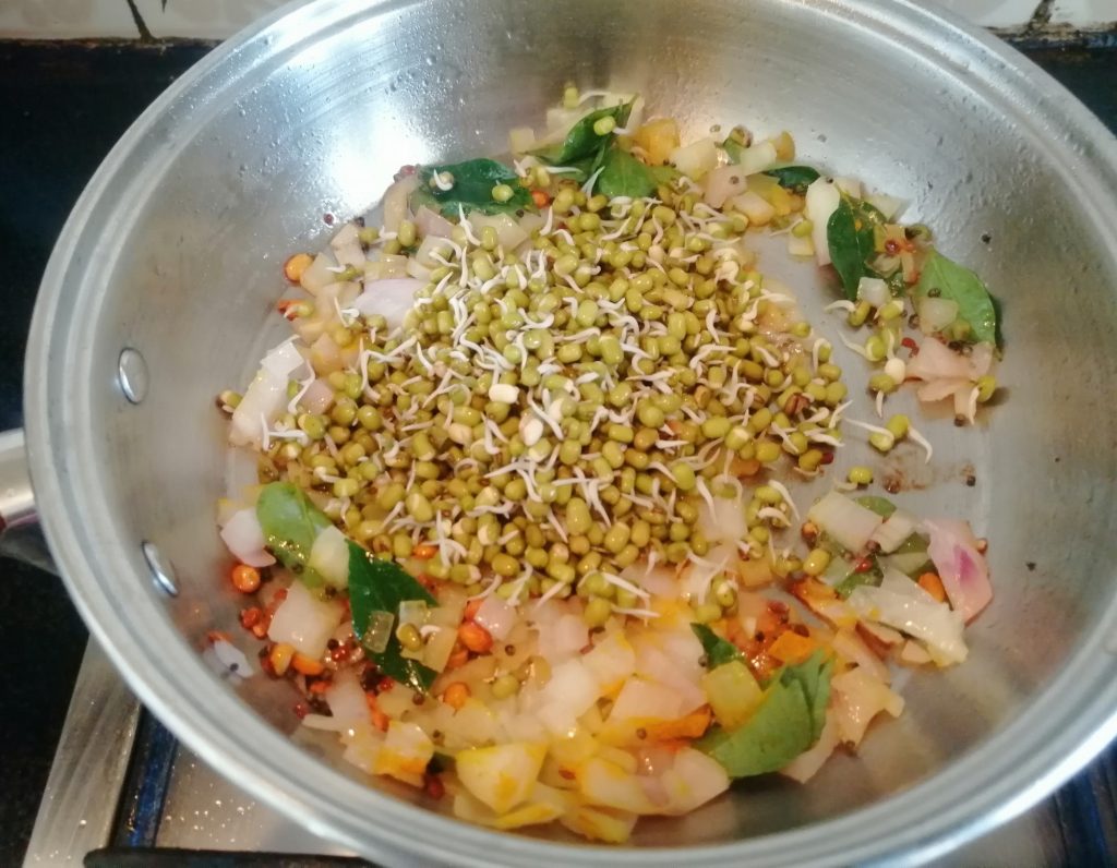 Banana flower sprouted green moong dal curry